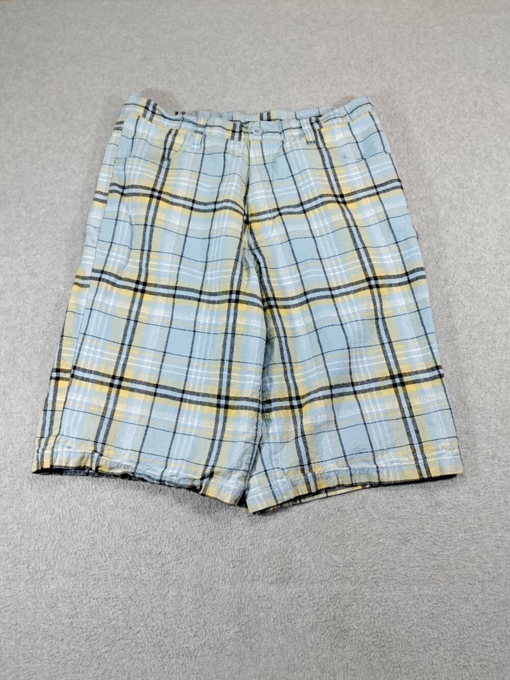 Karl Kani Gold Mens 36 Plaid Linen Cotton Shorts Blue Yellow Casual